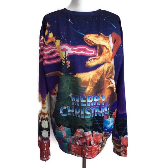 Ugly Xmas Sweater Epic Dinosaur Print XXL - Picture 2 of 5